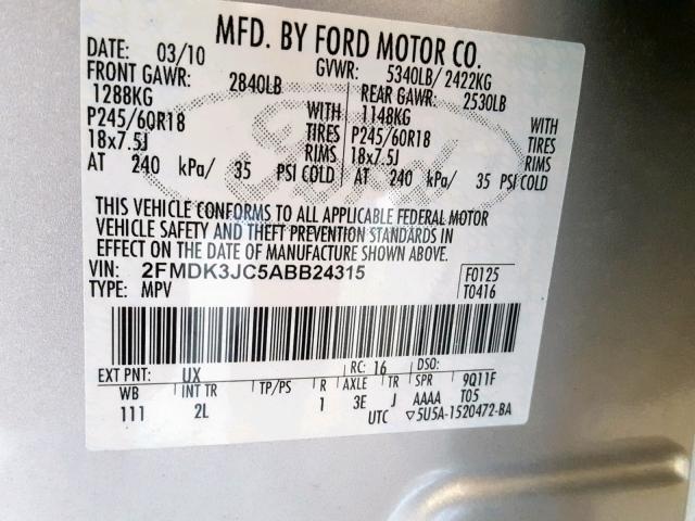 2FMDK3JC5ABB24315 - 2010 FORD EDGE SEL SILVER photo 10