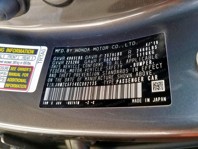 JHMZC5F14KC002135 - 2019 HONDA CLARITY GRAY photo 10