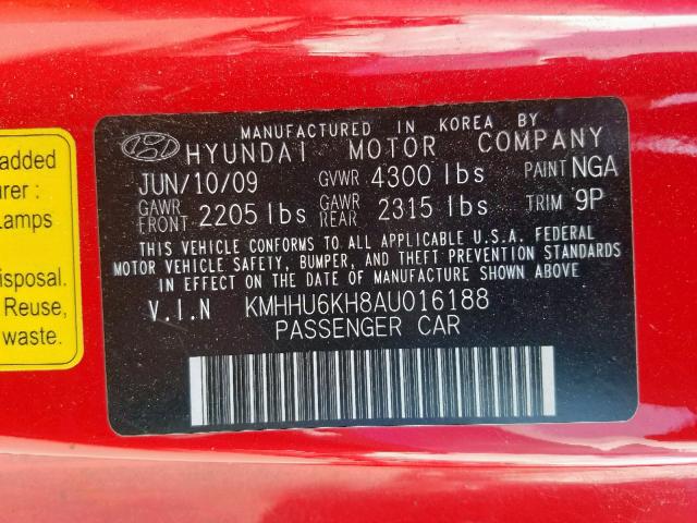 KMHHU6KH8AU016188 - 2010 HYUNDAI GENESIS CO RED photo 10