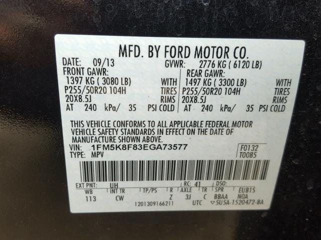 1FM5K8F83EGA73577 - 2014 FORD EXPLORER L BLACK photo 10