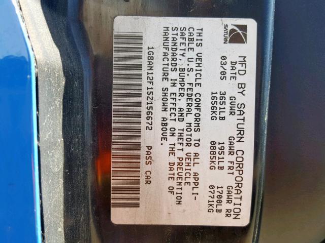 1G8AN12F15Z156672 - 2005 SATURN ION LEVEL BLUE photo 10