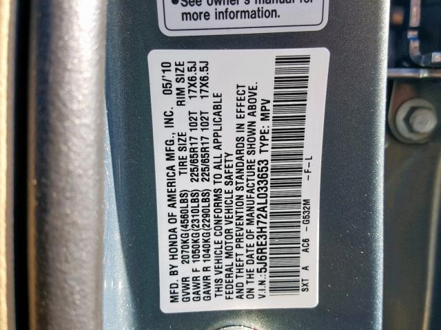 5J6RE3H72AL033653 - 2010 HONDA CR-V EXL GREEN photo 10