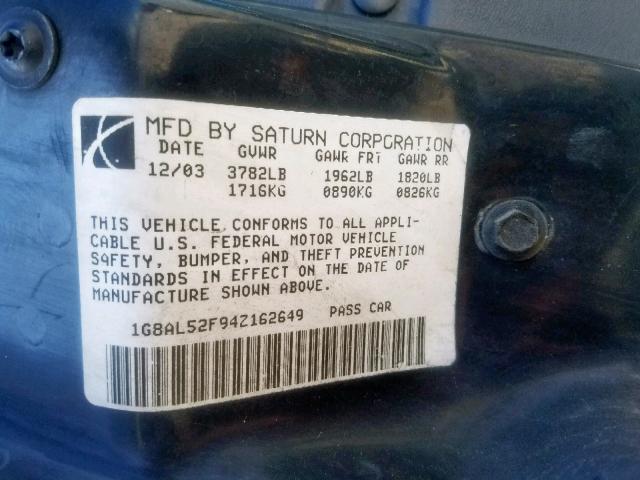 1G8AG52F94Z188561 - 2004 SATURN ION LEVEL SILVER photo 10