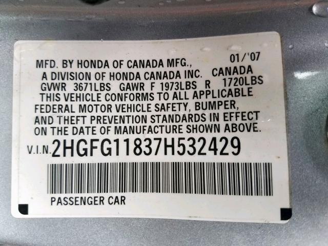 2HGFG11837H532429 - 2007 HONDA CIVIC EX SILVER photo 10