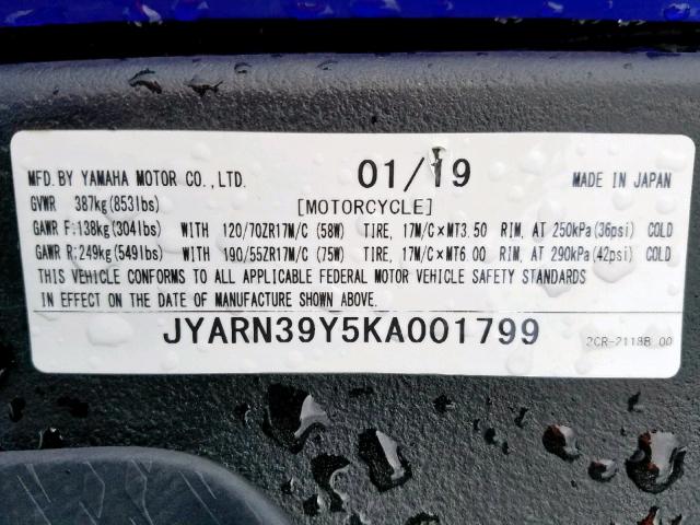 JYARN39Y5KA001799 - 2019 YAMAHA YZFR1 C BLUE photo 10