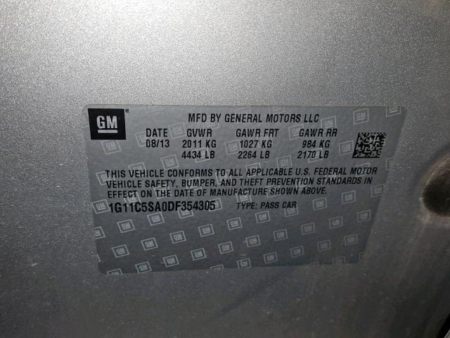 1G11C5SA0DF354305 - 2013 CHEVROLET MALIBU 1LT 银色 照片 10