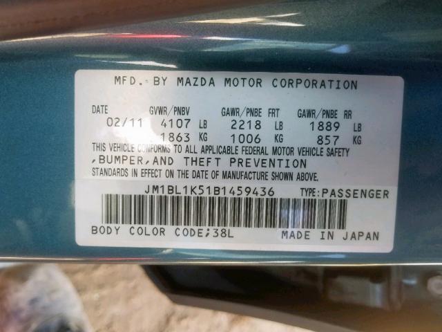 JM1BL1K51B1459436 - 2011 MAZDA 3 S BLUE photo 10