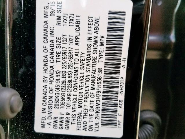 2HKRM3H79FH556138 - 2015 HONDA CR-V EXL BLACK photo 10