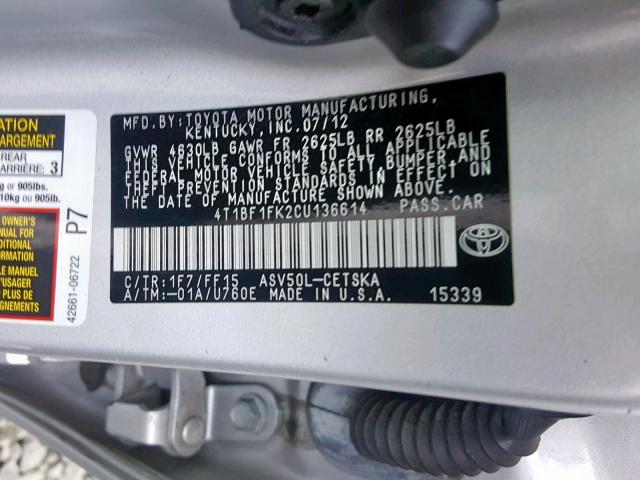 4T1BF1FK2CU136614 - 2012 TOYOTA CAMRY BASE SILVER photo 10