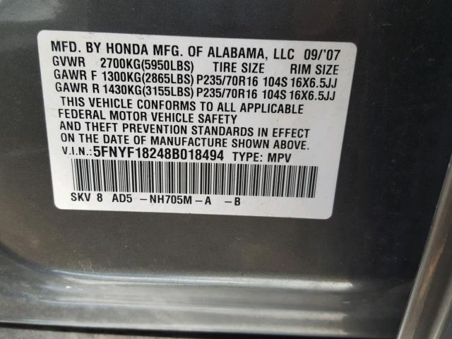 5FNYF18248B018494 - 2008 HONDA PILOT VP GRAY photo 10