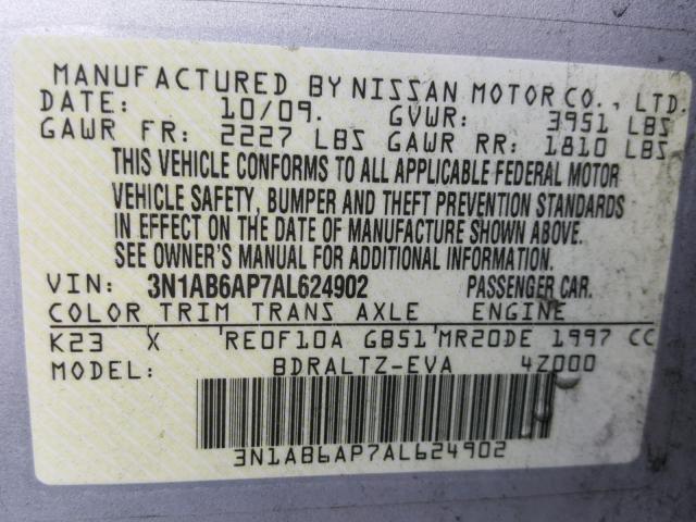 3N1AB6AP7AL624902 - 2010 NISSAN SENTRA 2.0 SILVER photo 10