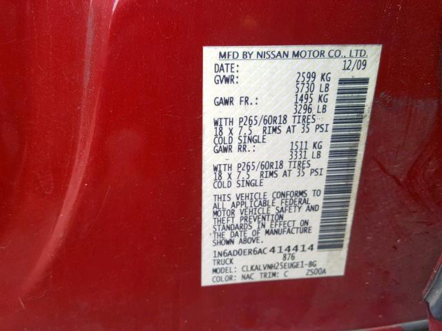 1N6AD0ER6AC414414 - 2010 NISSAN FRONTIER C RED photo 10