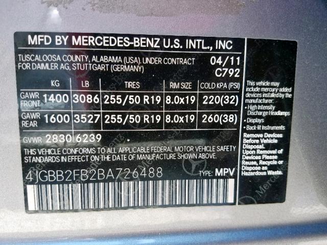 4JGBB2FB2BA726488 - 2011 MERCEDES-BENZ ML 350 BLU SILVER photo 10