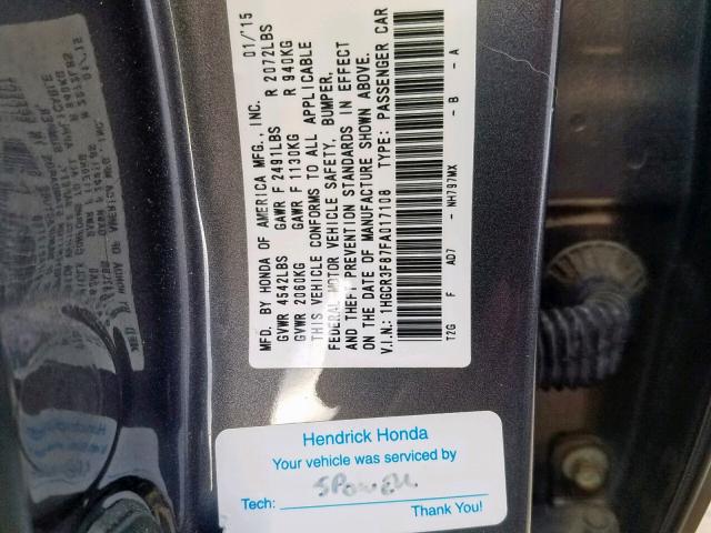 1HGCR3F87FA017108 - 2015 HONDA ACCORD EXL GRAY photo 10