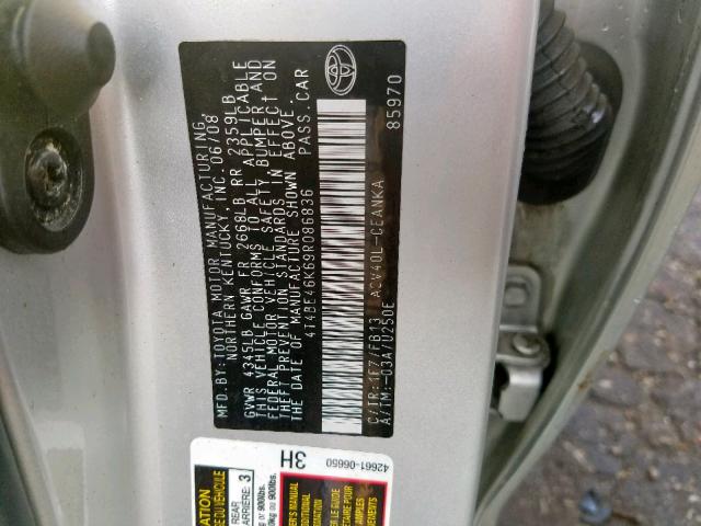 4T4BE46K69R086836 - 2009 TOYOTA CAMRY BASE SILVER photo 10