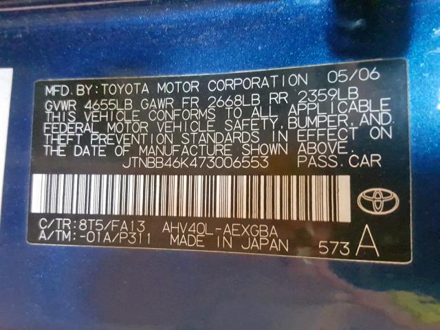 JTNBB46K473006553 - 2007 TOYOTA CAMRY NEW BLUE photo 10