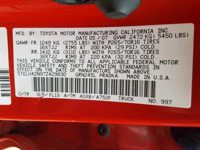 5TELU42N97Z429830 - 2007 TOYOTA TACOMA DOU RED photo 10