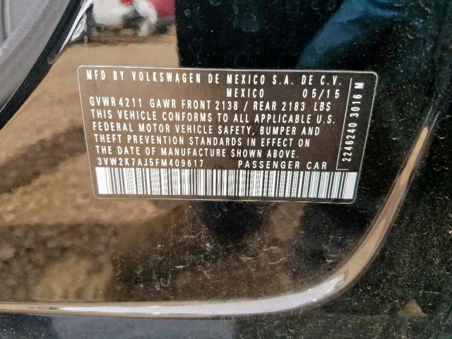 3VW2K7AJ5FM409617 - 2015 VOLKSWAGEN JETTA BASE 黑色 照片 10