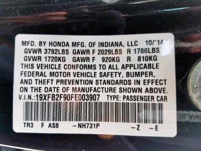 19XFB2F90FE003907 - 2015 HONDA CIVIC EXL BLACK photo 10