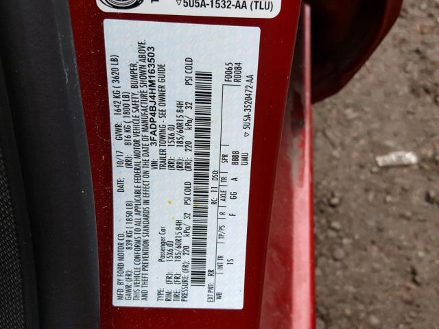 3FADP4BJ4HM163503 - 2017 FORD FIESTA SE RED photo 10