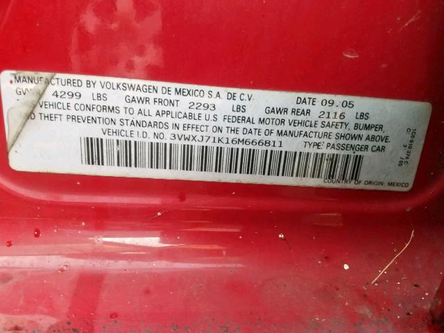 3VWXJ71K16M666811 - 2006 VOLKSWAGEN JETTA GLI RED photo 10