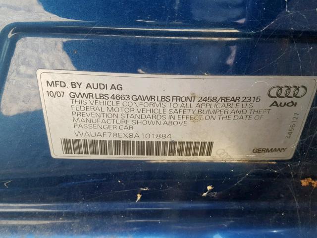 WAUAF78EX8A101884 - 2008 AUDI A4 2.0T BLUE photo 10