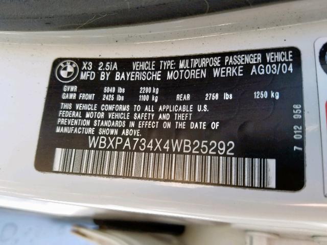 WBXPA734X4WB25292 - 2004 BMW X3 2.5I WHITE photo 10