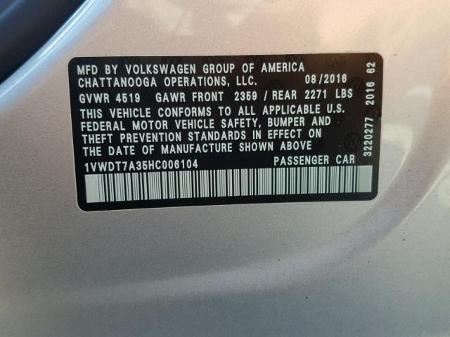 1VWDT7A35HC006104 - 2017 VOLKSWAGEN PASSAT R-L SILVER photo 10