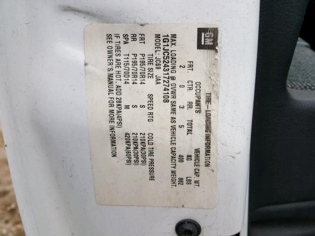 1G1JC524317274108 - 2001 CHEVROLET CAVALIER B WHITE photo 10