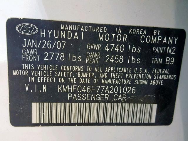 KMHFC46F77A201026 - 2007 HYUNDAI AZERA SE WHITE photo 10