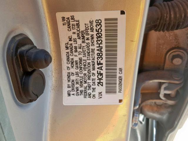 2HGFA1F38AH310538 - 2010 HONDA CIVIC VP SILVER photo 10