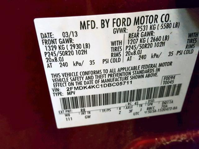 2FMDK4KC1DBC05711 - 2013 FORD EDGE LIMIT RED photo 10