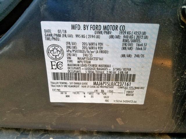 MAJ6P1SL0JC237161 - 2018 FORD ECOSPORT S GRAY photo 10