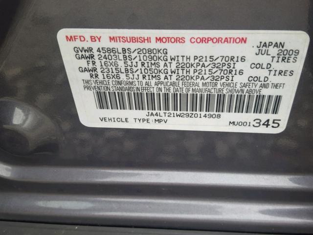 JA4LT21W29Z014908 - 2009 MITSUBISHI OUTLANDER GRAY photo 10