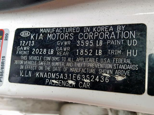 KNADM5A31E6352436 - 2014 KIA RIO LX WHITE photo 10