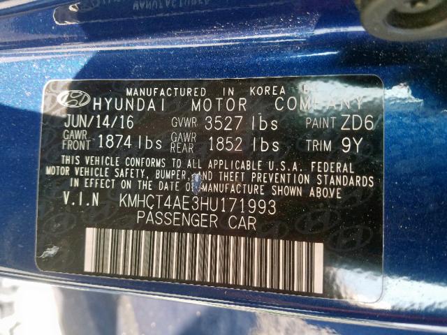 KMHCT4AE3HU171993 - 2017 HYUNDAI ACCENT SE BLUE photo 10