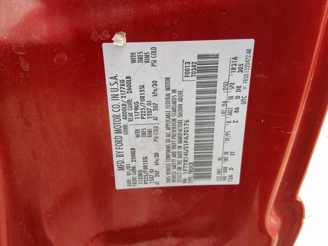 1FTYR14U51PA70176 - 2001 FORD RANGER SUP RED photo 10