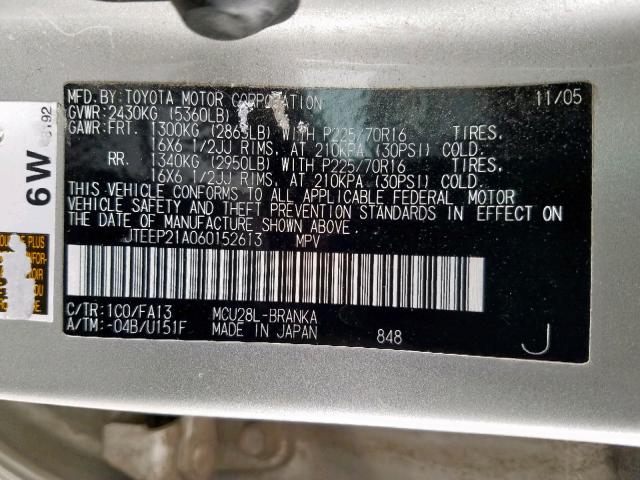 JTEEP21A060152613 - 2006 TOYOTA HIGHLANDER SILVER photo 10