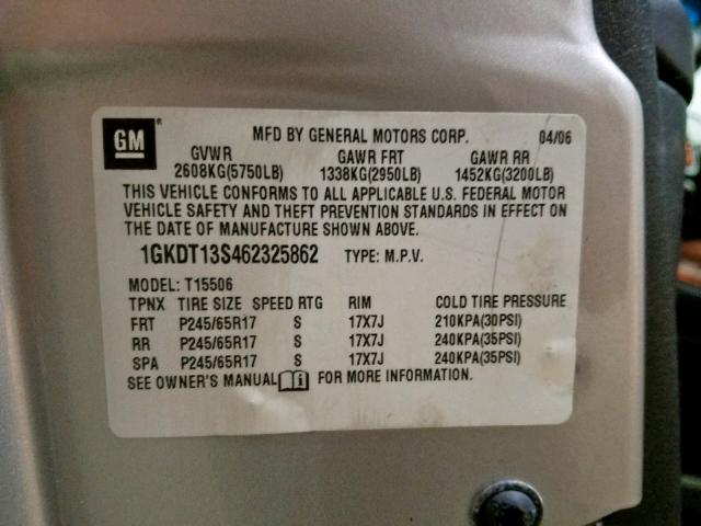 1GKDT13S462325862 - 2006 GMC ENVOY SILVER photo 10