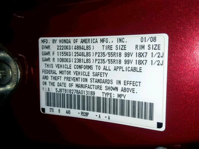 5J8TB18278A013189 - 2008 ACURA RDX RED photo 10