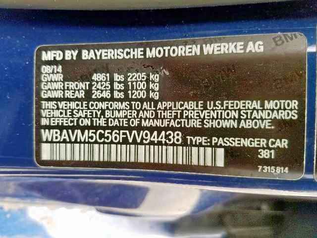 WBAVM5C56FVV94438 - 2015 BMW X1 XDRIVE3 BLUE photo 10