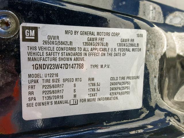 1GNDV23W47D147768 - 2007 CHEVROLET UPLANDER L BLUE photo 10