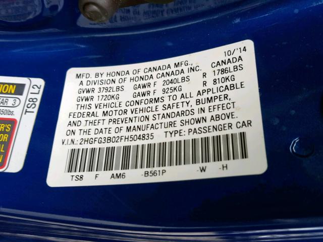 2HGFG3B02FH504835 - 2015 HONDA CIVIC EXL 蓝色 照片 10