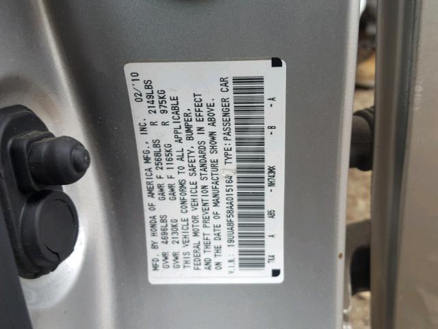 19UUA8F58AA015164 - 2010 ACURA TL SILVER photo 10