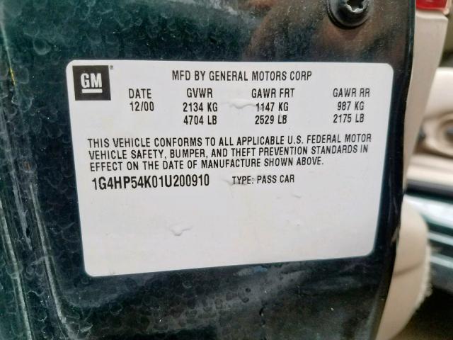 1G4HP54K01U200910 - 2001 BUICK LESABRE CU GREEN photo 10