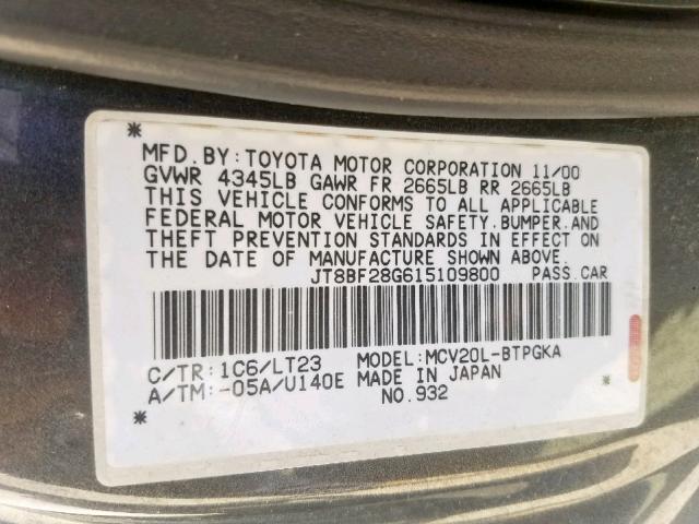 JT8BF28G615109800 - 2001 LEXUS ES 300 CHARCOAL photo 10