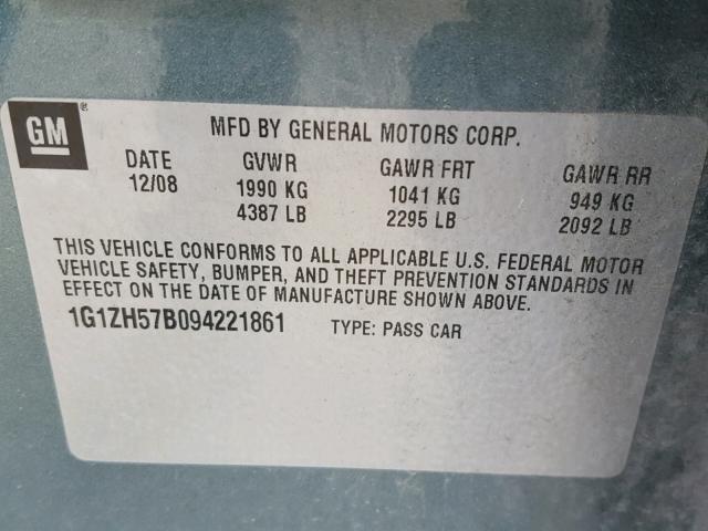 1G1ZH57B094221861 - 2009 CHEVROLET MALIBU 1LT 绿色 照片 10