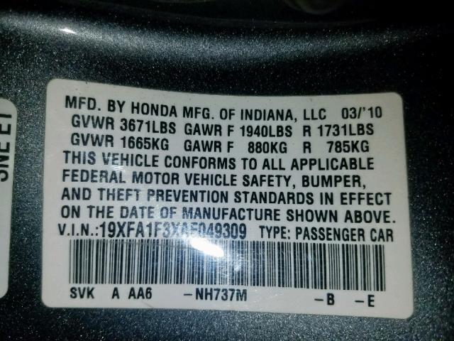 19XFA1F3XAE049309 - 2010 HONDA CIVIC VP GRAY photo 10