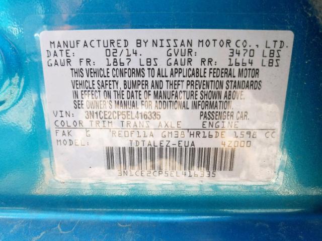 3N1CE2CP5EL416335 - 2014 NISSAN VERSA NOTE BLUE photo 10