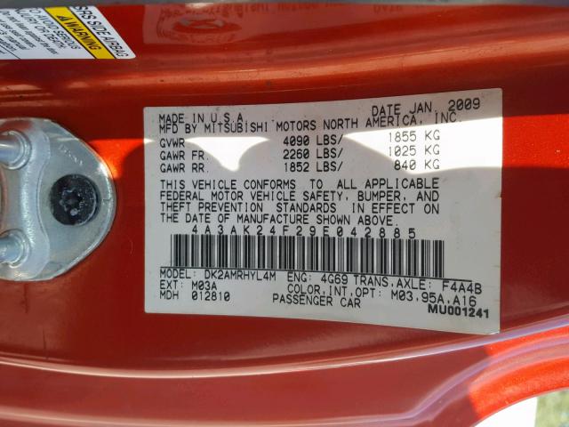 4A3AK24F29E042885 - 2009 MITSUBISHI ECLIPSE GS ORANGE photo 10